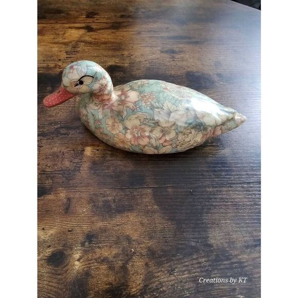 Duck Vintage Ceramic Duck with Floral Fabric Decoupage Decoration Figurine - Picture 2 of 2